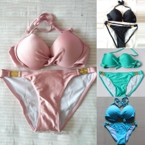 Sexy Solid Color Push-up Lace-up Halter Bikini Set