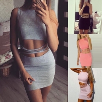 Sexy Hollow Out High Waist Sleeveless Round Neck Solid Color Mini Dress