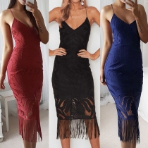 Sexy Backless Deep V-neck Tassel Hem Sling Lace Dress