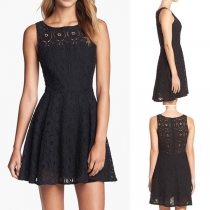 Elegant Solid Color Sleeveless Round Neck Lace Dress
