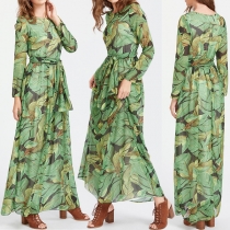 Fashion Long Sleeve Round Neck Chiffon Printed Maxi Dress