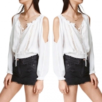 Sexy Off-shoulder Long Sleeve Elastic Hem Solid Color Top