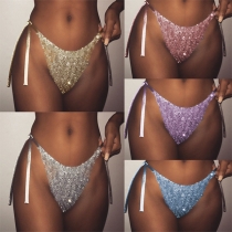 Sexy Lace-up Low-waist Sequin Spliced Bikini Bottom
