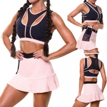 Sexy Backless Hollow Out Sports Tank Top + High Waist Skirt Two-piece Set