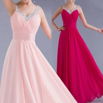 Sexy Backless V-neck High Waist Sequin Spliced Chiffon Evening Dress