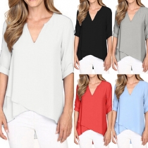 Fashion Solid Color Long Sleeve V-neck Irregular Hem Top