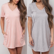 Fashion Solid Color Short Sleeve V-neck T-shirt Dress