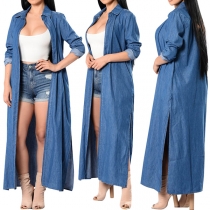 Chic Style Long Sleeve POLO Collar Slit Hem Denim Cardigan
