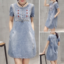 Fashion Short Sleeve Round Neck Embroidered Denim Dress