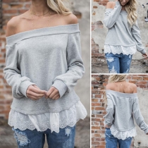 Sexy Off-shoulder Boat Neck Long Sleeve Lace Spliced Hem Top