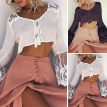Fashion Sexy Solid Color Flare Sleeve Embraidery Lace Top
