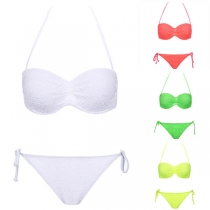 Sexy Solid Color Lace Crochet Spliced Bandeau Bikini Set