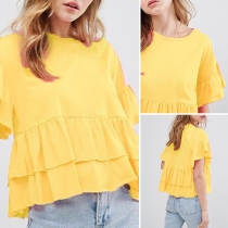 Sweet Style Lotus Sleeve Ruffle Hem Solid Color Blouse