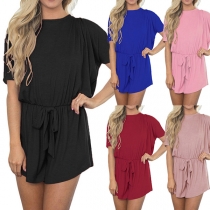 Fashion Casual Solid Color Backless Gather Waist Rompers 