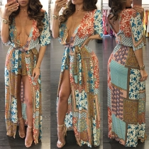 Fashion Sexy Bohemian Floral Printed Chiffon Maxi Dress 