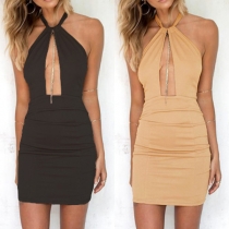Sexy Backless Deep V-neck Solid Color Slim Fit Halter Dress