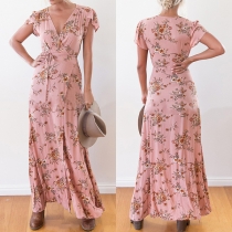 Sexy Deep V-neck Slit Hem Short Sleeve High Waist Printed Maxi Dress