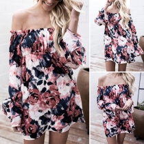 Sexy Off-shoulder Boat Neck Long Sleeve Printed Dress