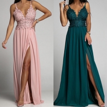 Sexy Deep V-neck Slit Hem Lace Spliced Floor-length Evening Dress