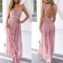 Sexy Backless Deep V-neck Sleeveless Lace Dress