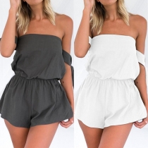 Sexy Off-shoulder Boat Neck Elastic Waist Solid Color Romper