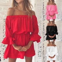Sexig klänning med off-shoulder och båthals, lotusärm och elastisk midja