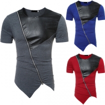 Chic Style Short Sleeve Round Neck Irregular Hem PU Leather Spliced Men's T-shirt