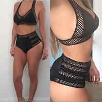 Sexy Hollow Out Mesh Spliced High Waist Halter Bikini Set