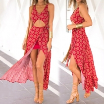 Sexy Deep V-neck Hollow Out High Waist Slit Hem Sleeveless Printed Dress