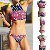 Retro Style Contrast Color Printed Bikini Set
