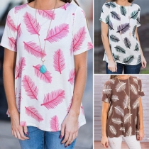 Fashion Feather Printed Short Sleeve Round Neck T-shirt