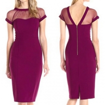 Sexy Backless See-through Gauze Spliced Short Sleeve Slim Fit Pencil Dress