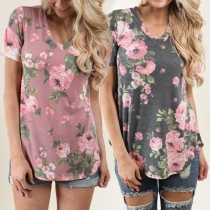 Fashion Short Sleeve V-neck Printed T-shirt