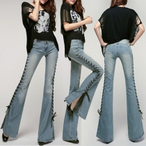 Fashion Low-waist Slit Hem Lace-up Denim Flared Pants