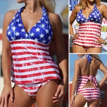 Sexy Pentagram Striped Printed Halter Swimsuit Set