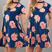 Fashion Short Sleeve Choker V-neck Printed Dress