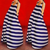 Bohemian Style Sleeveless Round Neck Striped Chiffon Maxi Dress