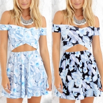 Sexy Off-shoulder Boat Neck Hollow Out High Waist Printed Dress