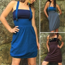 Fashion Solid Color High Waist Suspender Dress
