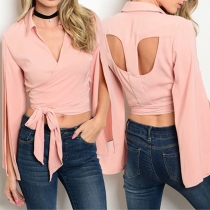 Sexy Backless V-neck Slit Long Sleeve Lace-up Hem Solid Color 