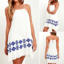 Sexy Off-shoulder Backless Printed Hem Sling Beach Dress