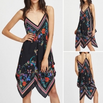 Sexy Backless Deep V-neck Irregular Hem Printed Sling Dress