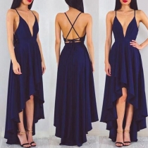 Sexy Deep V-neck High-low Hem Solid Color Party Dress