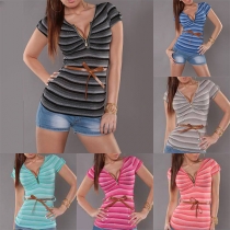 Fashion Short Sleeve Zipper V-neck Striped T-shirt