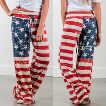 Fashion American Flag Printed High Waist Casual Pants