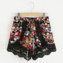 Fashion High Waist Lace Spliced Printed Shorts