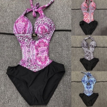 Sexy Backless Printed Spliced One-piece Swimsuit