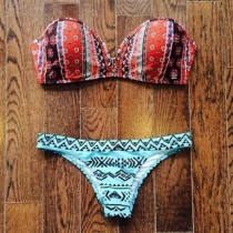 Sexy Contrast Color Printed Bandeau Bikini Set