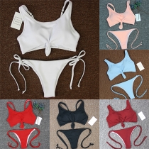 Sexy Backless Knotted Solid Color Bikini Set