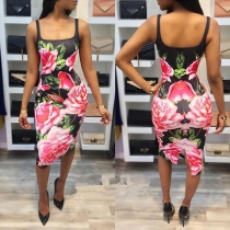 Sexy Backless Square Collar Slit Hem Slim Fit Printed Dress